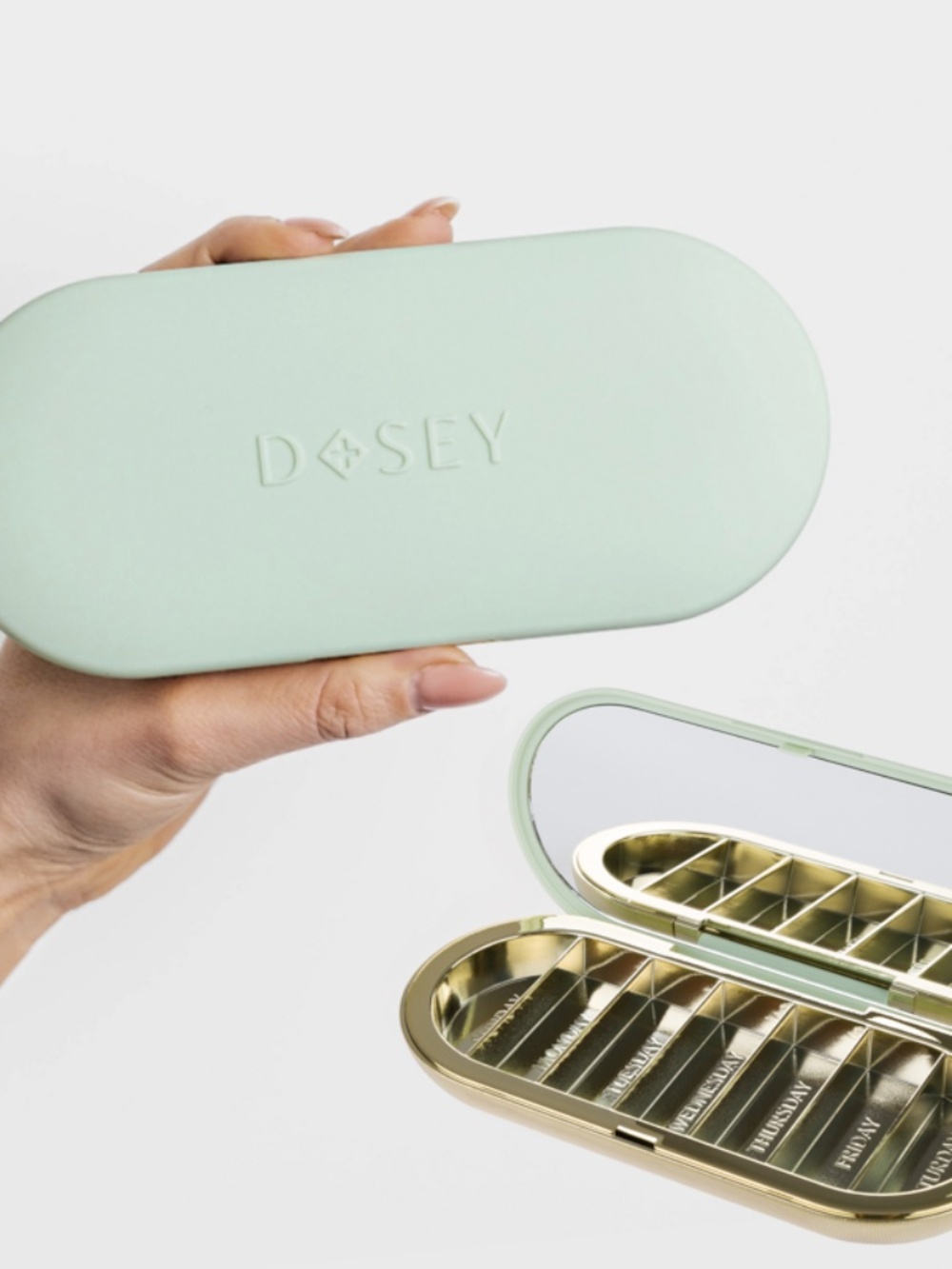 Dosey 7 Day Pill Compact Travel Pill Organizer w/ Mirror - Sage/Gold - NEW!